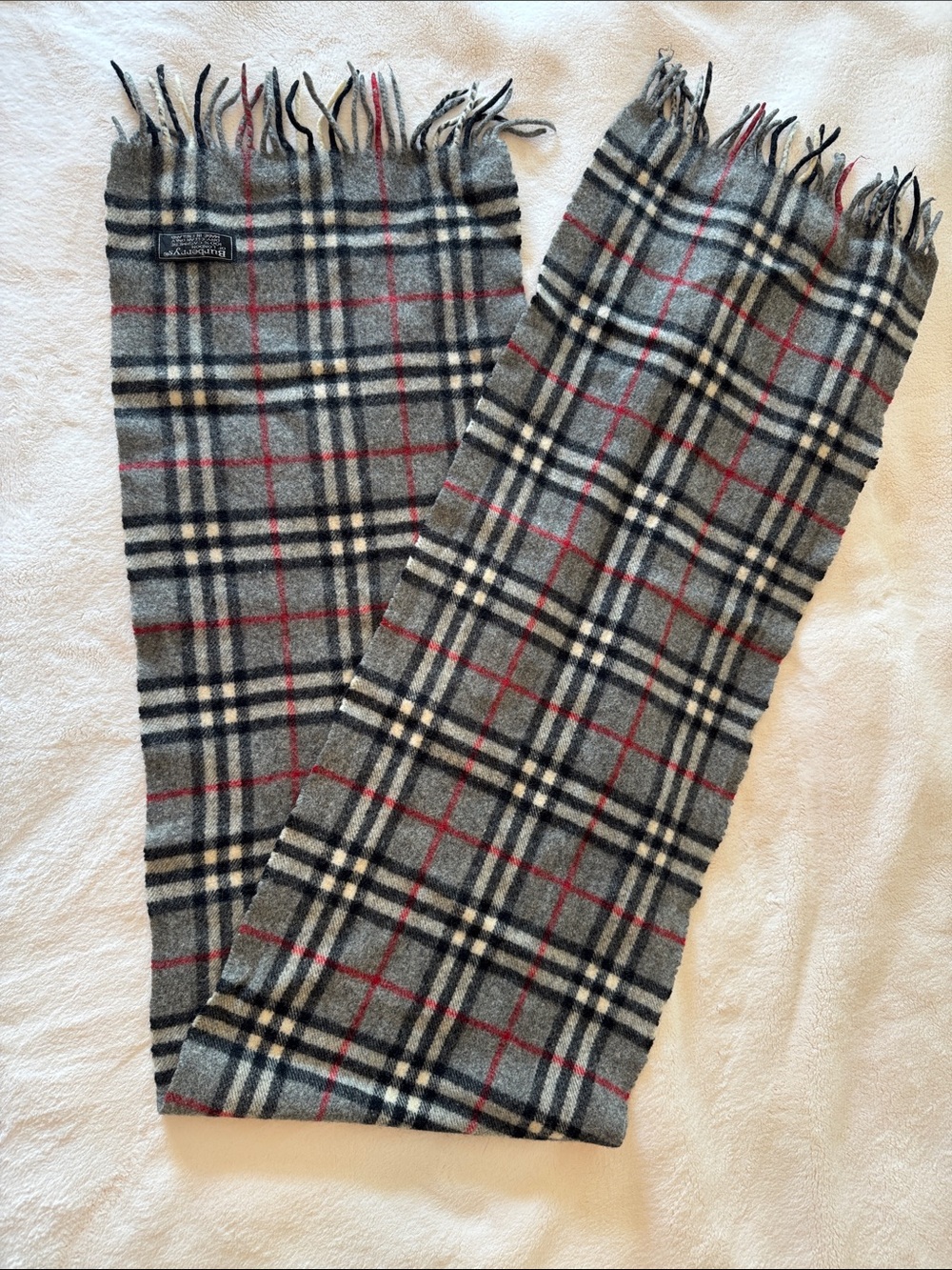 Burberry Gray Plaid Wool Scarf with Red & Black Accents